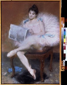 Sitting ballet dancer. Ballerina in tutu reading 