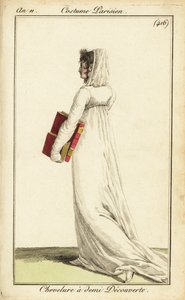 Woman in white dress with veil over half her hair, Paris by Pierre Charles Baquoy