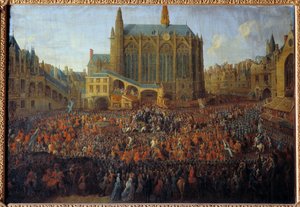 Departure of Louis XV after the bed of justice breaking the will of Louis XIV, held in the Grand Chamber of the Parliament of Paris by Pierre Denis Martin