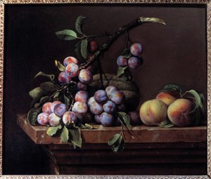 Plums, Squash and Peaches on a Marble Entablature