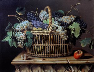Still life of a bunch of grapes in a basket by Pierre Dupuis