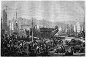 Boat des Fleurs, a restaurant and place of fun in the port of Shanghai in 1860, China. Engraving by Grandsire, in Le Tour du Monde, Nouveau journal des Voyages, edited by Edouard Charton, Paris