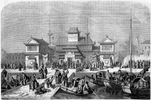 Customs view in the port of Shanghai in 1860, China. Engraving by Grandsire, in 