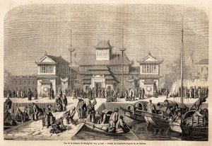 The Shanghai Customs Building, drawing by Grandsire, to illustrate the voyage to China and Japan, in 1857-1858, of the Marquis de Moges. Engraving in Le tour du monde, nouveau journal des voyages Paris