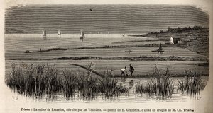 The saline of Lusandra near Trieste, destroyed by the Venetians. Engraving by E. Grandsire illustrating a voyage to Istria and Dalmatia by Charles Yria