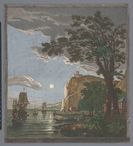View of a Coast with Ships and Boats on the Water by Moonlight by Pierre François Basan