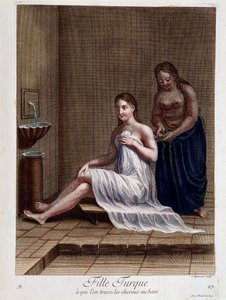 Turkish girl to whom hair is braided in the bath - in “Collection of 100 prints representing different nations of the Levant in 1707 and 1708” by orders of M. de Frriol, ambassador of the king at the Porte and updated in 1712-13 by the care of M. Le Hay
