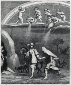 Aeneas and Dido surprised by the rain in the forest. Illustration of 
