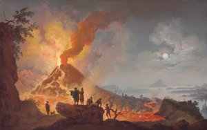 Mount Vesuvius erupting by night, seen from the Atrio del Cavallo with spectators in the foreground, a panoramic view of the city and the Bay of Naples beyond