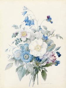 Blue Asters, Rosa Spinosissima (Hybrid), Harebell, Violas, Carnation and a Wild Rose