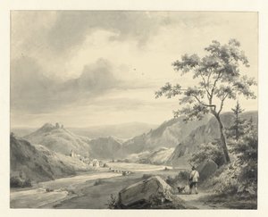 Hilly Landscape with Hunter and Dog on Path by Pierre Louis Dubourcq
