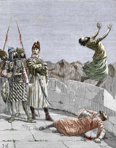 Ismaili sect of the east or murderers founded by Hassan ibn al-Sabbah (1036-1124), known as the old man of the Mountain, rep ordering two of his fanatic followers to kill themselves, Alamut, Persia, around 1096 (Nizari Ismailism: representation of Hassan by Pierre Mejanel