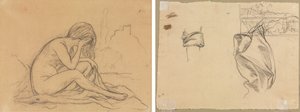 Study of a Female Nude (possibly for an unrealized allegorical painting) (recto); Studies of Drapery and Study of a Landscape (verso) by Pierre Puvis de Chavannes