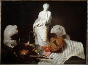 The attributes of the Arts: Palette of painter, violin, scores, sculpture by Pierre Subleyras