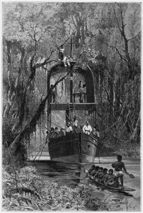 A flooring boat, borrowed by the explorer, to descend the upper Samiria (Peru). Engraving by Vignal, to illustrate the story 
