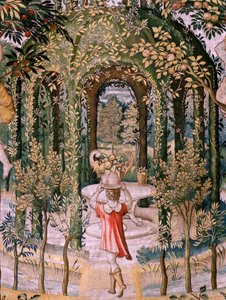Flemish tapestry. Series Vertumnus and Pomona; Vertumnus transformed into a gardener. Fifth tapestry in the series. Model Circle of Pieter Coecke Van Aelst and Léonard Thiry. Manufacture Unknown workshop, Brussels, before 1560.