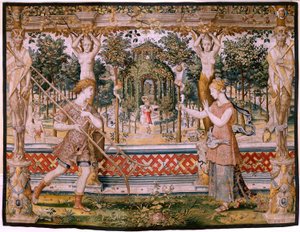 Flemish Tapestry. Series Vertumnus and Pomona; Vertumnus Transformed into a Gardener. Fifth Tapestry in the Series. Model Circle of Pieter Coecke Van Aelst and Léonard Thiry. Before 1550