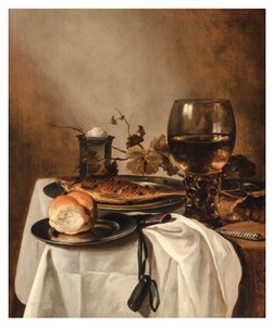 A Roll, Herring, Silver Saltcellar, Large Roemer and Knife on a Draped Table by Pieter Claesz
