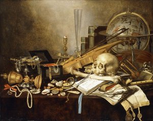 A Vanitas Still Life of Musical Instruments and Manuscripts, an Overturned Gilt Covered Goblet, a Jewellery Casket, a Candlestick, an Astrological Globe, a String of Pearls, Jewels, Shells, a Skull and Femur and an Hour-Glass on a Draped Table by Pieter Claesz