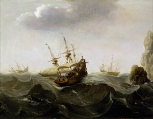 A Boat Caught in a Turbulent Sea, with Boats Fleeing the Gale in the Distance and Rocks Emerging from the Water, c. 1620