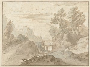 Mountain Landscape with Two Figures on a Narrow Bridge by Pieter Dircksz van Santvoort (possibly)