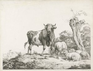 A Bull, a Ram, and Two Lying Sheep by a Pollard Willow by Pieter Gerardus van Os