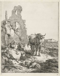 Landscape with Standing and Lying Cow and Shepherdess in Front of a Ruin by Pieter Gerardus van Os