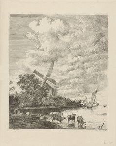 River View with Mill and Cows in the Water by Pieter Gerardus van Os