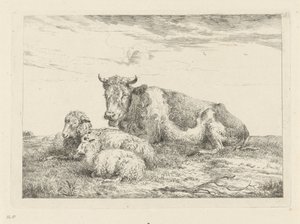 Sleeping Cow with Sheep and Lamb by Pieter Gerardus van Os