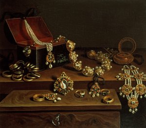 Casket of jewels on a table, principally of German Origin