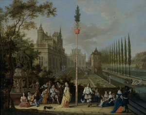 Figures Dancing Around a Maypole, in the Grounds of a Castle by Peeter Gijsels