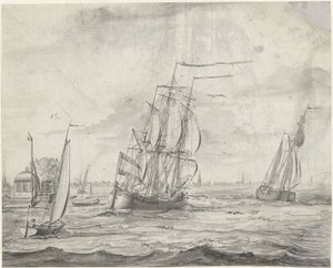 Inland Water with Ships, a Town in the Distance