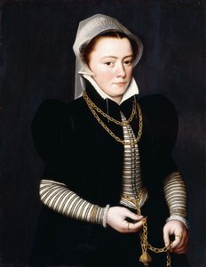 Portrait of a Lady, Standing, small three-quarter Length, Wearing a Striped Bodice and Black Coat, Holding a Pomander on a Gold Chain