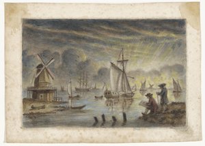 Coastal View with Ships, Mill, and a Draughtsman by Pieter Louw (attributed to)