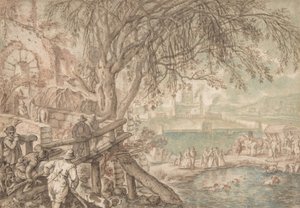 Huntsmen and Company Observing Dogs Retrieving Ducks in a Pond The Month of April by Pieter Stevens