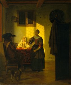 A Couple Playing Cards, with a Serving Woman