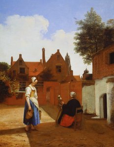 Courtyard in Delft at Evening: a Woman Spinning by Pieter de Hooch