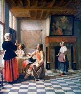 Interior, Woman Drinking with Two Men, and a Maidservant, c1658 by Pieter de Hooch