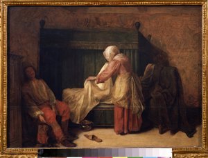 The Morning of a Young Man. A young man preparing to wake up while a maid makes the bed. On the floor, a slipper and a chamber pot.