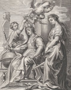 Allegory of Good Government, seated at center and being crowned by a putto and a woman