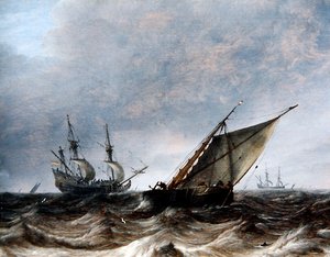 A Smalschip and a Man-of-War in choppy Seas by Pieter the Elder Mulier