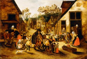 A Blind Hurdy-Gurdy Player Surrounded by Children in a Village