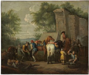 A military blacksmith shoeing horses by a ruin