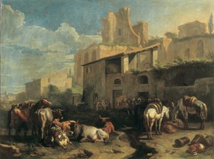 Travellers and Various Animals Stop in Front of a Tavern with Roman Ruins in the Background