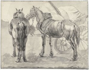 Two Harnessed Horses by a Cart