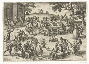 Banquet in the open air, Apenspel (series title) by Pieter van der Borcht (I)