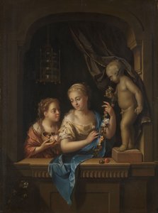 Two Girls with Flowers by a Statue of Cupid