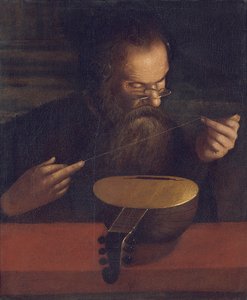 An old man stringing a lute