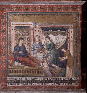 The Birth of Mary, Mosaic from the Apse by Pietro Cavallini, Late 13th Century, Rome, Church Santa Maria in Trastevere, Italy