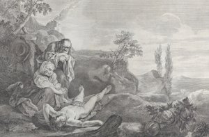 Adam and Eve at left, as an elderly couple, mourning over the corpse of Abel who lies by Pietro Monaco